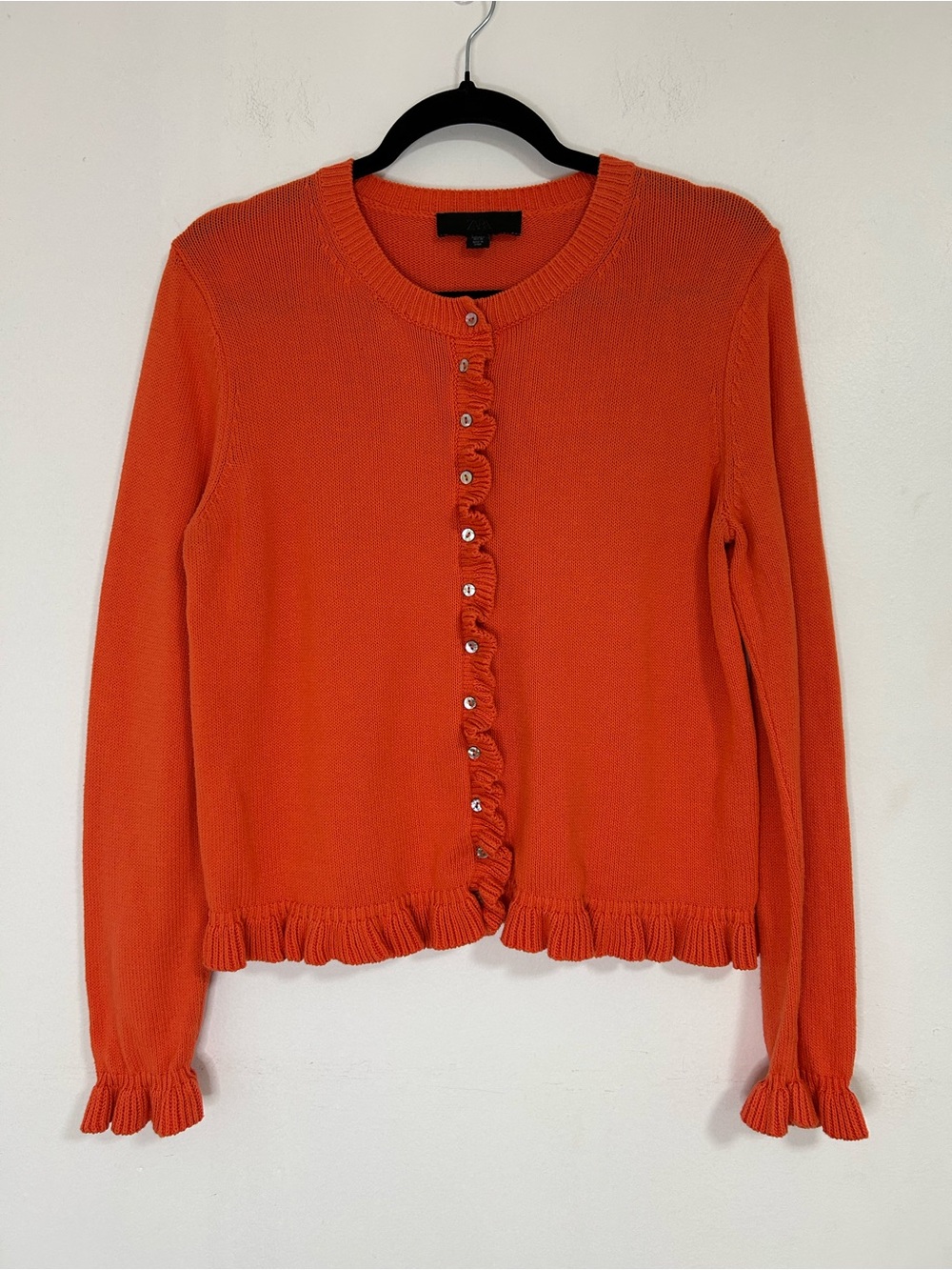 Zara Orange Ruffle Trim Button Front Cotton Cardigan Sweater Women’s Large